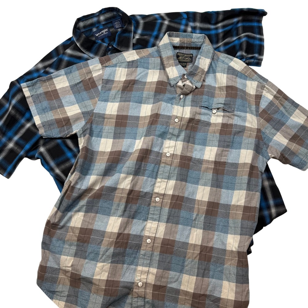 Wrangler & Grizzly Mountain Men XXL Plaid Button Dwn Shirt Bundle Blue Brown 2pk